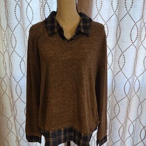 Womens Long Sleeve Soft Brown Twofer Sweater Xl, Blue Plaid Collar and Hem